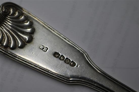 An early Victorian silver fiddle, thread and shell pattern soup ladle, William Eaton, London, 1839 & asparagus servers.